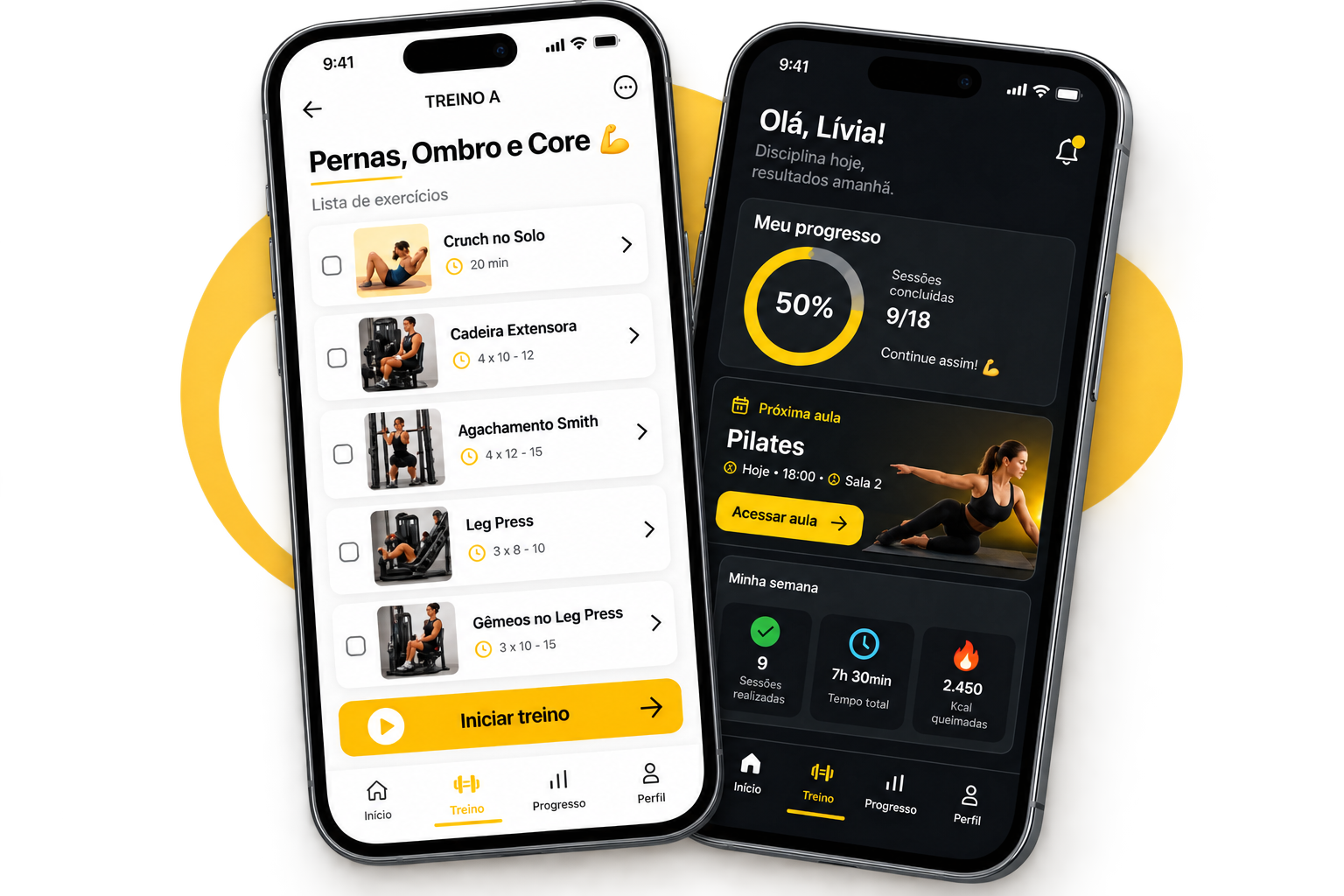 Prévia do app MOVYXA nos celulares, com lista de treino e painel do aluno
